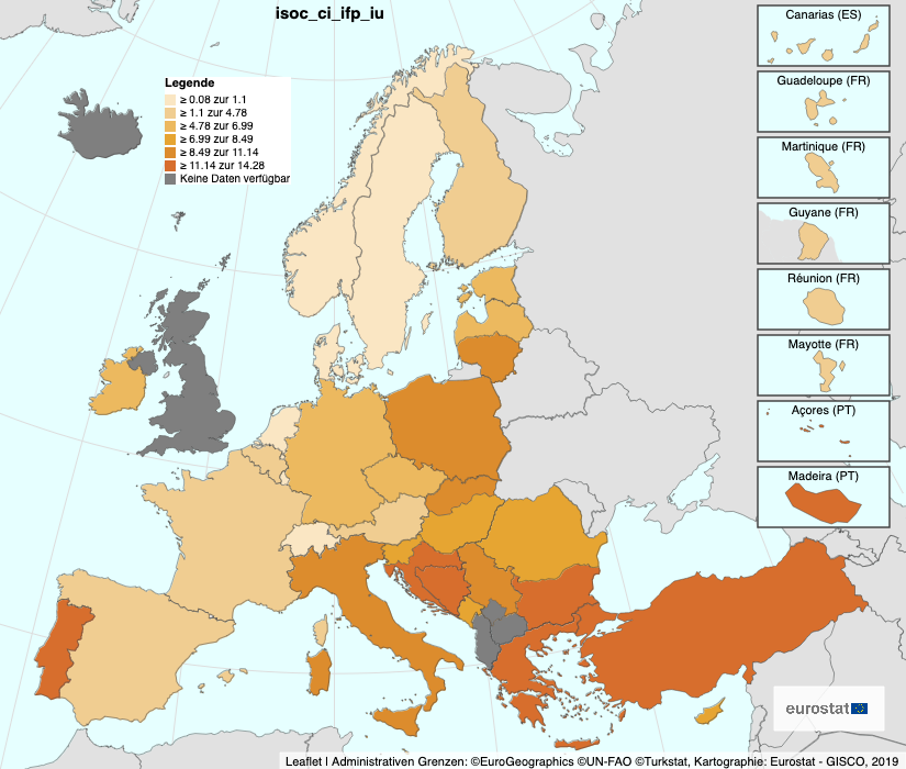 Europa-Karte, in der die meisten Staaten mit verschiedenen Farben markiert sind. Dazu eine Legende, die die heller werdenden Rot- und Beige-Töne erklärt. Je dunkler, desto größer die Zahl. Portugal, Türkei, Balkan am dunkelsten, dann Italien, Polen, Slowakei, Baltikum, dann Deutschland, Frankreich, Spanien, Österreich, Finnland, der Rest von Skandinavien.Unten Quellenangabe: Leaflet | Administrativen Grenzen: ©Euro Geographics @UN-FAO Turkstat, Kartographie: Eurostat - GISCO, 2019